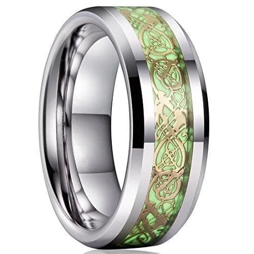 8 mm Gold Celtic Dragon Luminous Glow Tungsten Carbide Wedding Ring for Men Women