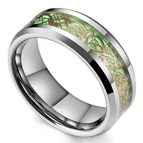 8 mm Gold Celtic Dragon Luminous Glow Tungsten Carbide Wedding Ring for Men Women