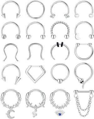 BESTEEL 20PCS 16G Septum Nose Rings for Women - Hypoallergenic Surgical Steel daith piercing jewelry Cute CZ Dangle Hinged Clicker Lip Helix Tragus Daith Cartilage Earrings Hoop 10MM Gold Silver Black