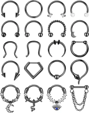 BESTEEL 20PCS 16G Septum Nose Rings for Women - Hypoallergenic Surgical Steel daith piercing jewelry Cute CZ Dangle Hinged Clicker Lip Helix Tragus Daith Cartilage Earrings Hoop 10MM Gold Silver Black