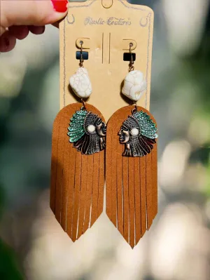Boho Hippie Genuine Leather & Stone Indian Head Earrings