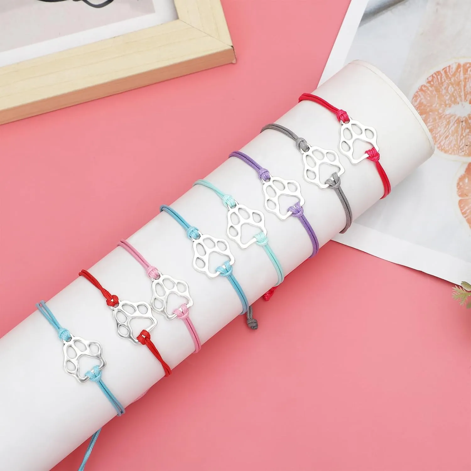 NEWITIN 16 Pieces Paw Print Bracelets for Women Handmade Adjustable Strings Stainless Steel Cat Dog Bracelets Family Friend Couple Jewelry for Women Men