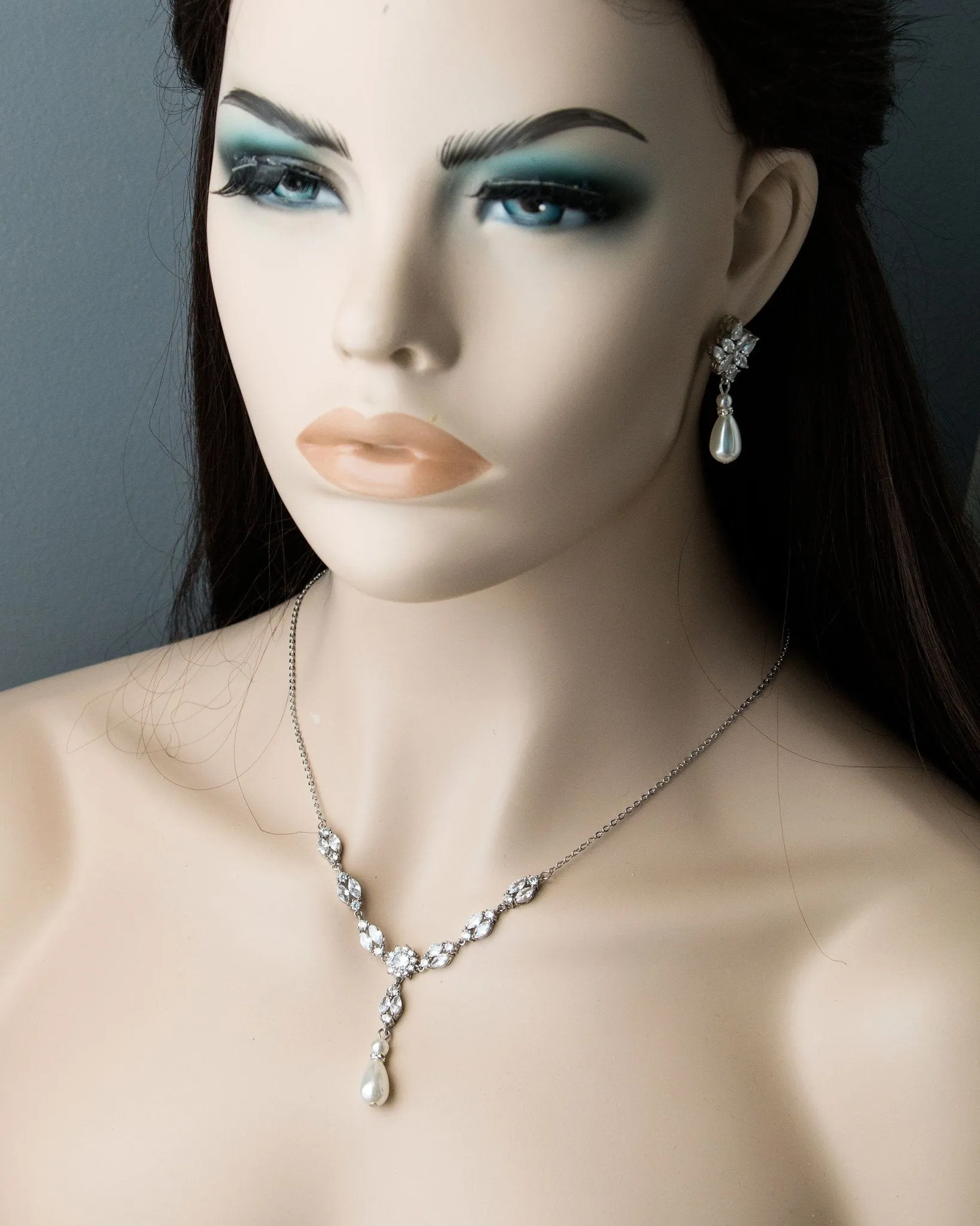 Pearl and CZ Wedding Necklace Set