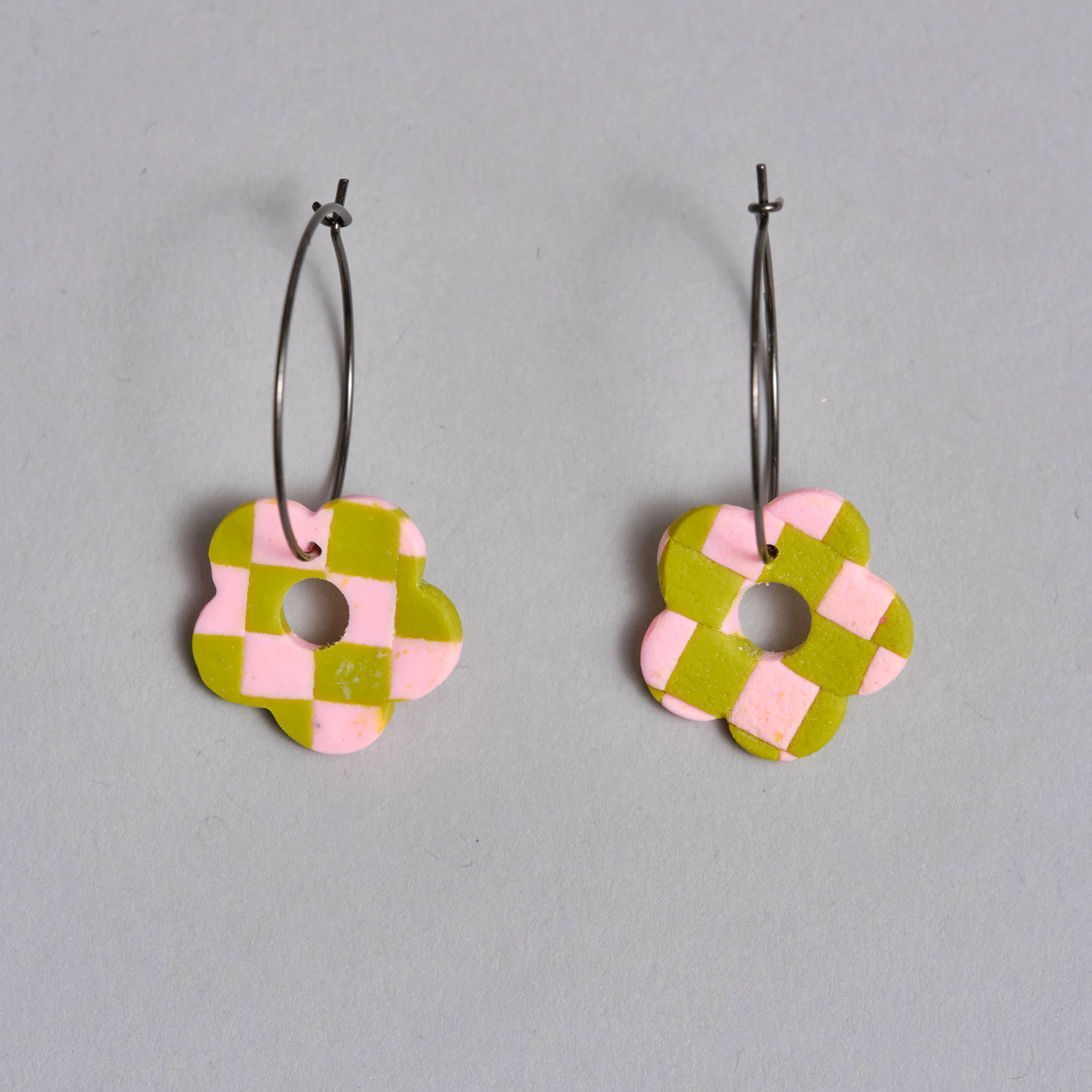 Pink and Green Checkered Flower Hoops by Love Kiki