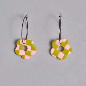 Pink and Green Checkered Flower Hoops by Love Kiki