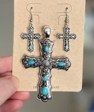 Silver Fashion Cross Pendants with Earrings - Multi